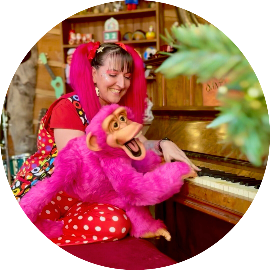 Hyper the Clown's puppet Pinky plays a piano during a Christmas photo shoot.